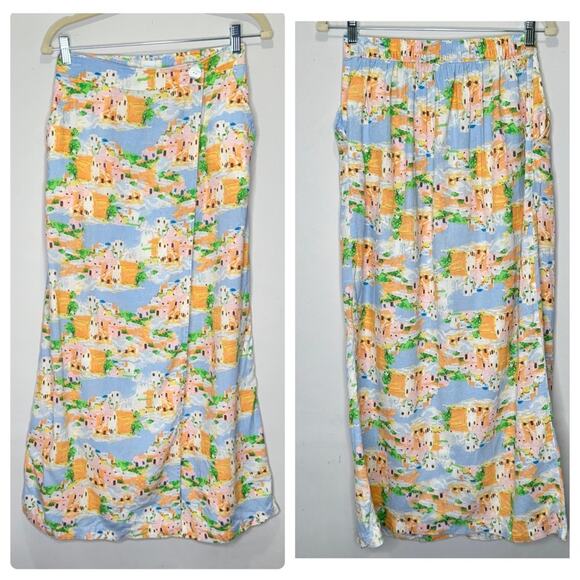 Cynthia Rowley 100% Linen Novelty Coastal Vacation Print True Wrap Midi Skirt Sm - Picture 1 of 13